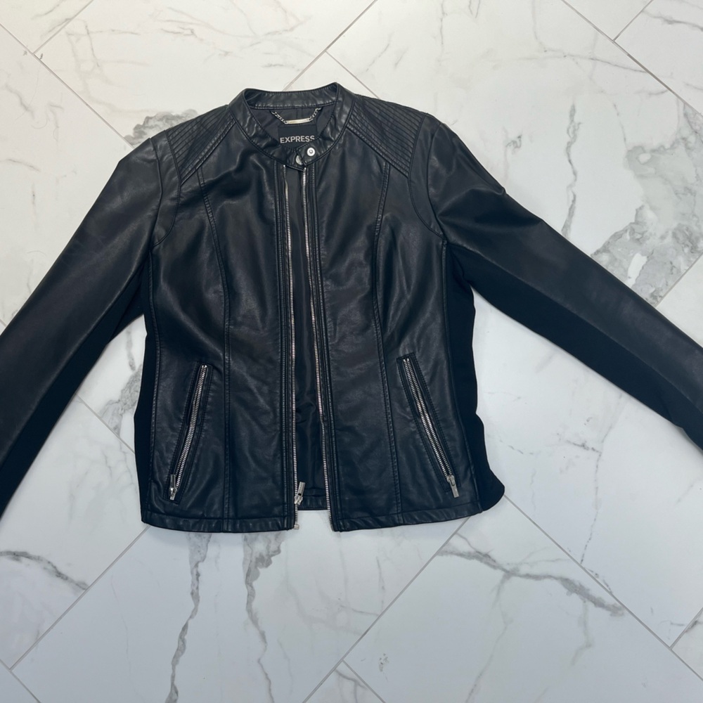 Express Black Leather Jacket with Chain Detail